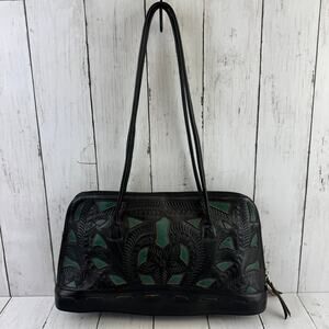 J.L. Saldivar Black Green Floral Tooled Leather Inlay Handcrafted Shoulder Bag
